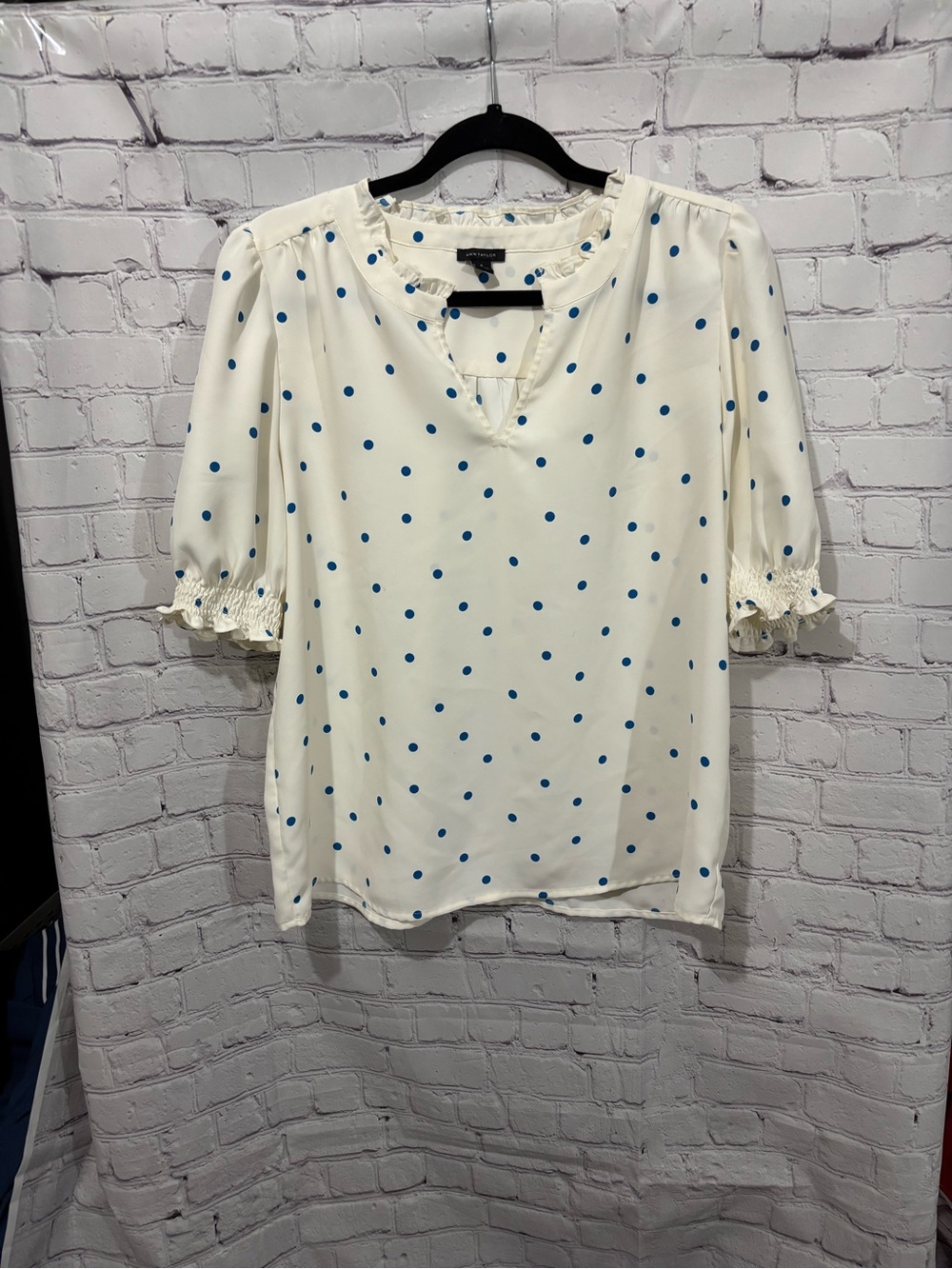 Ann Taylor Cream Blouse with Blue Polka Dots